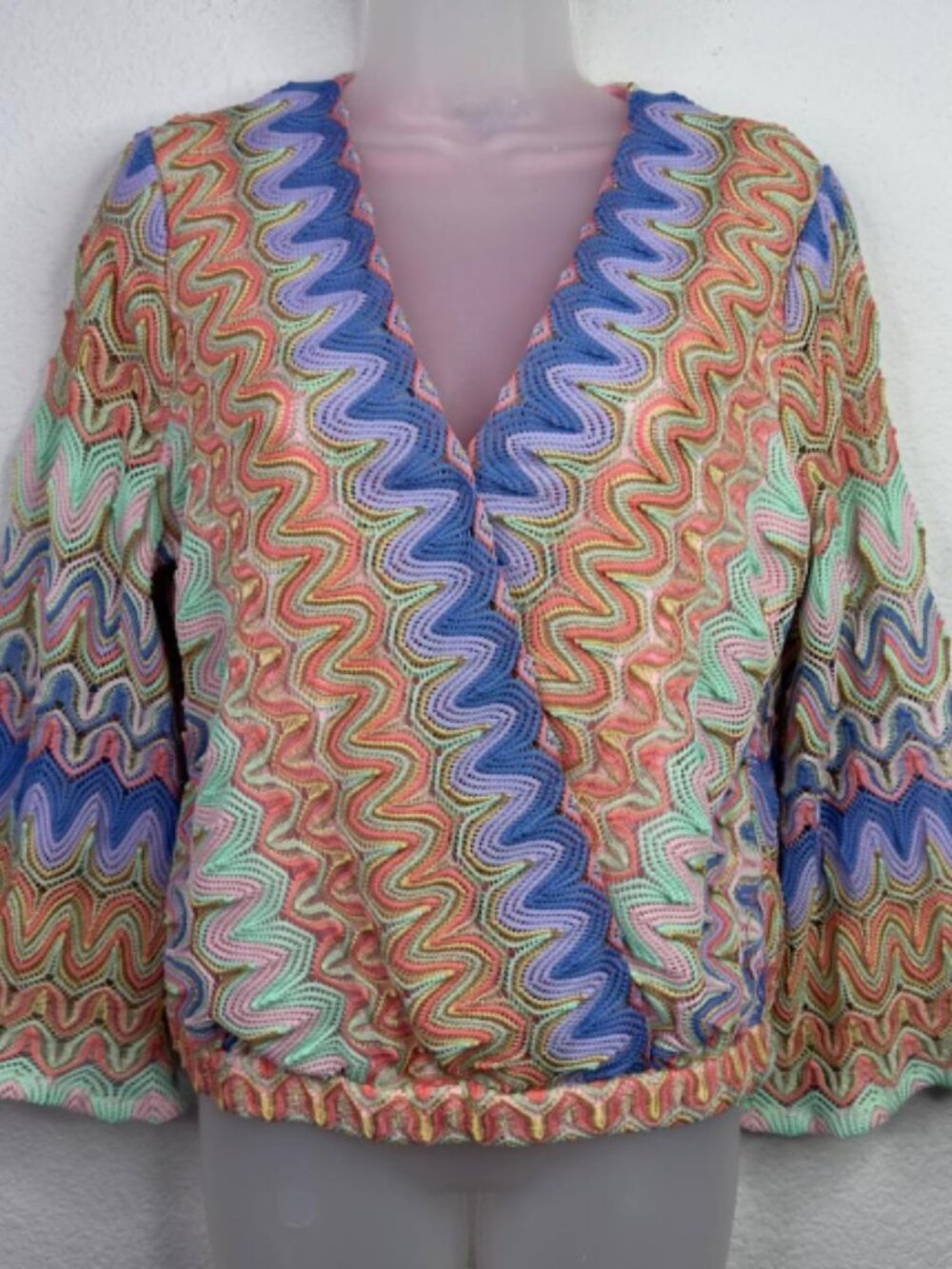 Boston Proper Shirt Women M Colorful Chevron Crochet Knit Bell Sleeve Boho Retro